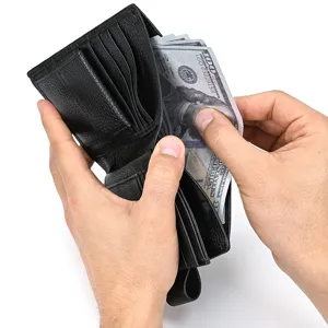 Close-up of black leather trifold wallet interior, showing multiple card slots and cash pocket.