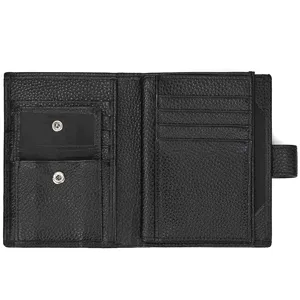 Detailed interior view of black leather trifold passport wallet with multiple card slots.
