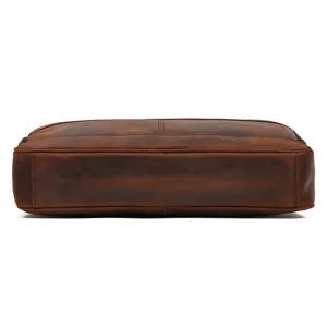 Men vintage genuine leather briefcase bottom detail business commuter bag brown