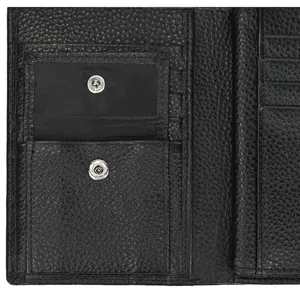Detailed interior view of black leather wallet showcasing multiple card slots and snap pocket design.