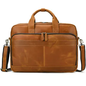 Vintage men's genuine leather business briefcase laptop messenger bag with shoulder strap.