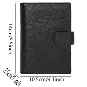 Black genuine leather passport wallet tri-fold card holder with snap closure for travel