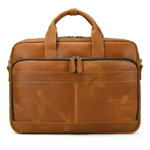 Detailed view of the vintage genuine leather men's briefcase, showcasing durable hardware.