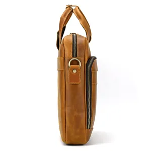 Men's vintage leather briefcase business handbag commuter laptop shoulder bag detail view