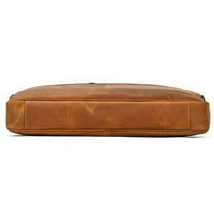 Men's vintage genuine leather briefcase detail view, professional business bag bottom show.