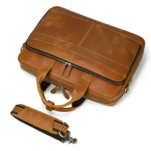Men genuine leather briefcase retro business laptop bag casual shoulder crossbody bag