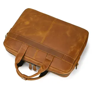 Detailed view of the retro leather business briefcase, highlighting durable stitching and texture.