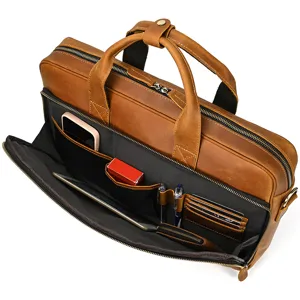 Detailed interior compartments and multi-functional layout of mens leather briefcase.