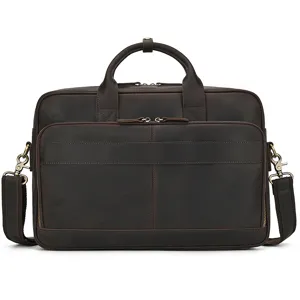 Detailed shot of dark brown vintage leather briefcase, multi-pocket business laptop bag.