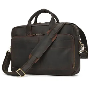 Close-up detail of genuine leather briefcase, premium retro dark brown texture with metal zippers.