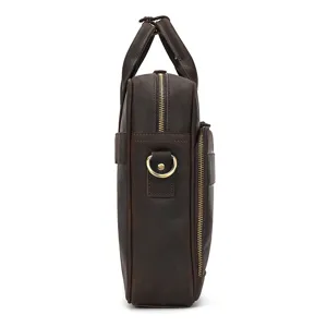 Men's genuine leather briefcase side view, vintage business handbag for daily commute and work.
