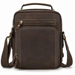 Vintage Brown Leather Men Messenger Bag Casual Crossbody Shoulder Bag Multi Pocket