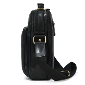 Men black genuine leather shoulder bag multi-functional casual crossbody bag daily commute.