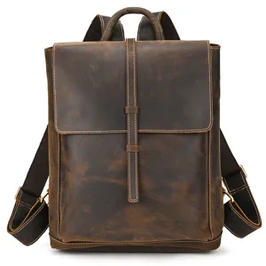 Vintage Crazy Horse Genuine Leather Backpack For Men Large Capacity Business Laptop Travel Daypack
