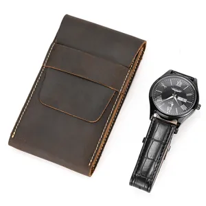 Retro crazy horse leather watch pouch and black quartz watch set for portable travel storage.