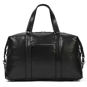 Black genuine leather travel duffel bag with large capacity for gym weekender luggage