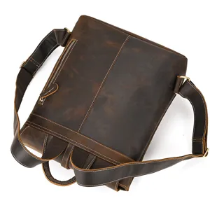 Detail view of vintage crazy horse leather men backpack back straps hardware close up presentation