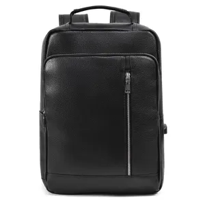 Men genuine leather laptop backpack business casual travel school book bag with USB port.