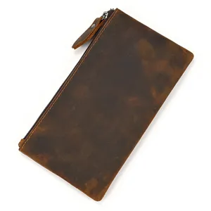 Monedero largo para hombre de cuero de caballo loco genuino vintage cartera delgada.