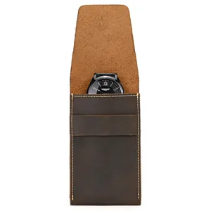 Vintage genuine leather watch pouch crazy horse cowhide portable travel watch storage box