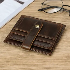 Vintage genuine leather card holder detail view, ultra-thin design with multiple card slots.