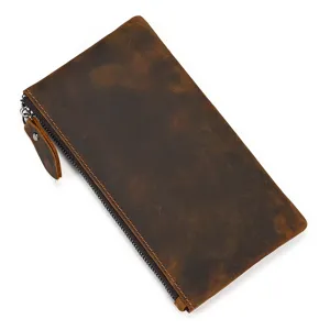 Cartera larga de cuero crazy horse vintage para hombre, bolso de mano con cremallera.