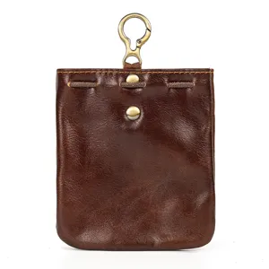 Vintage handmade genuine leather coin pouch mini retro wallet with keychain hook for women.