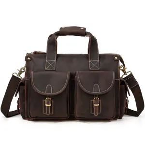 Men vintage crazy horse leather briefcase multi-pocket business laptop shoulder messenger bag