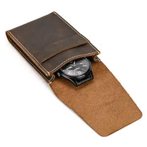 Vintage crazy horse leather watch pouch portable single watch storage box travel brown case.