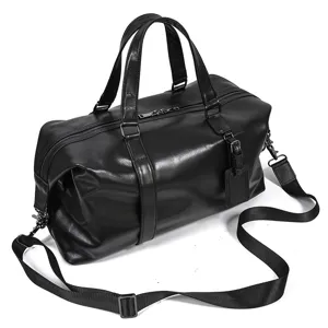 Black leather travel duffel bag large capacity sports gym luggage shoulder bag for men daily use