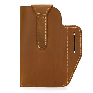 Genuine leather phone holster detailed view, vintage brown waist pouch for belt loops.