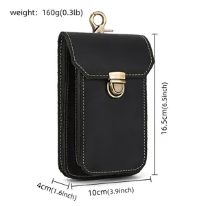Detail view of black crazy horse leather phone holster with metal clip and dimensions.