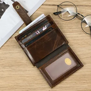 Vintage genuine leather card holder minimalist wallet with multiple slots and ID window.