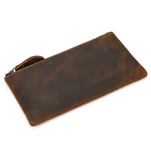Monedero cartera de mano fina vintage de piel crazy horse para hombre, bolso minimalista de piel.