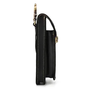 Genuine leather phone waist bag, black belt pouch with metal hook and loop, side detail view.