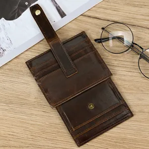 Retro genuine leather card holder detail, multi-slot wallet with snap closure and retro strap.