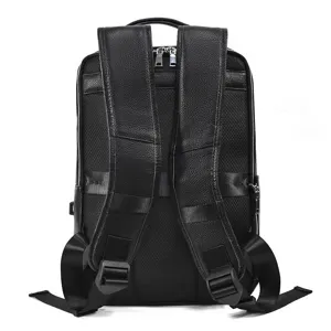 Men's business leather laptop backpack, black top layer cowhide dual strap commuter bag detail.