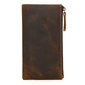Cartera larga de cuero de caballo loco vintage para hombre minimalista delgada con crem
