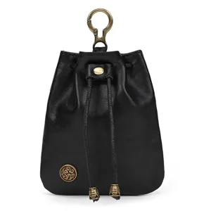 Detail view of black leather coin purse with metal clasp and drawstring closure design.