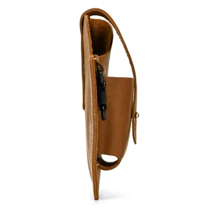 Side view detail of vintage crazy horse leather men utility belt pouch phone holster case.