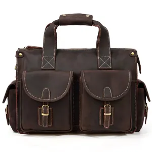 Men Vintage Crazy Horse Leather Business Briefcase Laptop Bag Multi Pocket Leather Handbag For Men