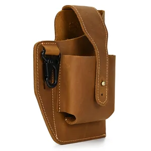 Vintage genuine leather phone waist bag, belt holster with metal carabiner and button.