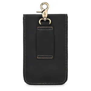 Black crazy horse leather phone holster waist bag with metal belt clip and belt loop.