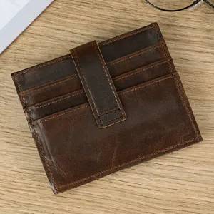 Vintage genuine leather card holder minimalist slim wallet with multiple slots and strap.
