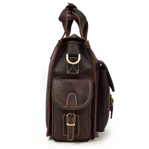 Men vintage crazy horse leather briefcase side view multi pocket laptop shoulder bag