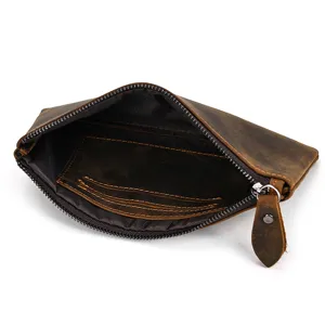 Vintage Autentico Cuero Crazy Horse Hombre Monedero Mini Billetera Cremallera Bolso