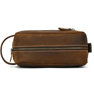 Vintage genuine leather toiletry bag for men, large capacity cosmetic organizer pouch.