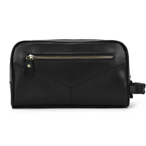 Black genuine leather toiletry bag detail, front zipper pocket and V-stitched design.