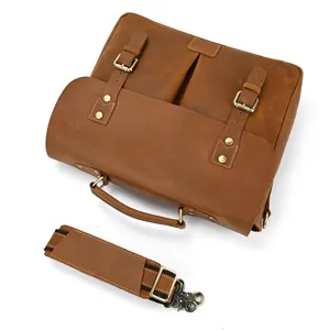 Vintage brown crazy horse leather men briefcase with shoulder strap and metal buckles.
