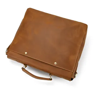 Detailed view of vintage crazy horse leather mens briefcase and laptop business bag